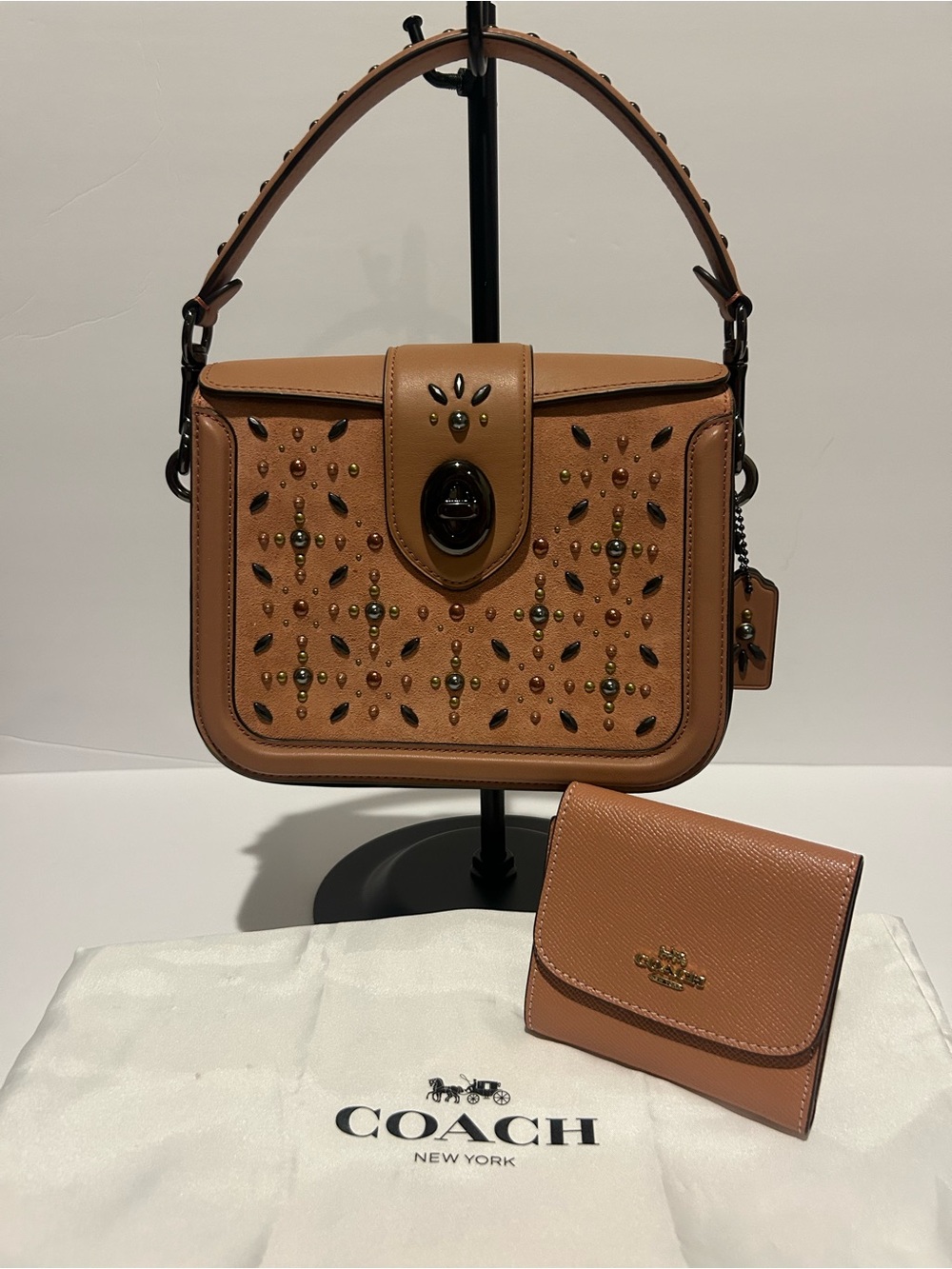 Coach Page Crossbody Prairie Rivets Suede Studded Bag + Matching Wallet